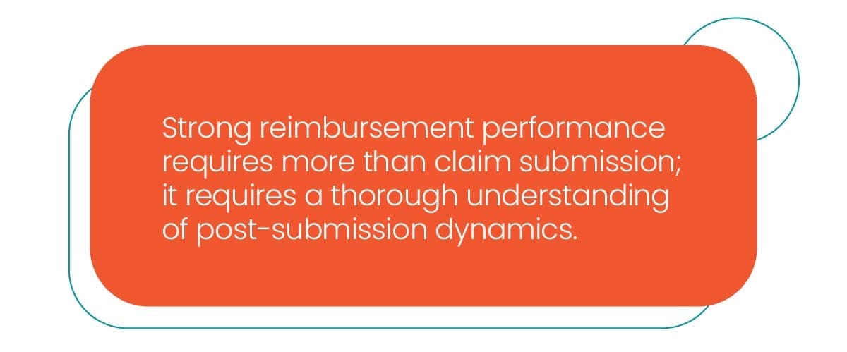 An orange oval graphic with the text: Strong reimbursement performance requires more than claim submission; it requires a thorough understanding of post-submission dynamics.